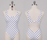 P-SCP294-58 White/Navy Dot | Polka Dot Printed Spandex Fabric for Swimwear & Activewear - Spandexbyyard