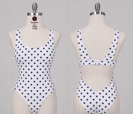 P-SCP294-58 White/Navy Dot | Polka Dot Printed Spandex Fabric for Swimwear & Activewear - Spandexbyyard