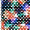 Colorful disco star printed spandex fabric with measuring scale; 80% nylon, 20% spandex, perfect for costumes and activewear.