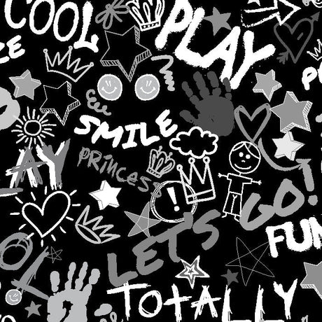 kids word play printed spandex fabric black background doodle pattern for kids clothing