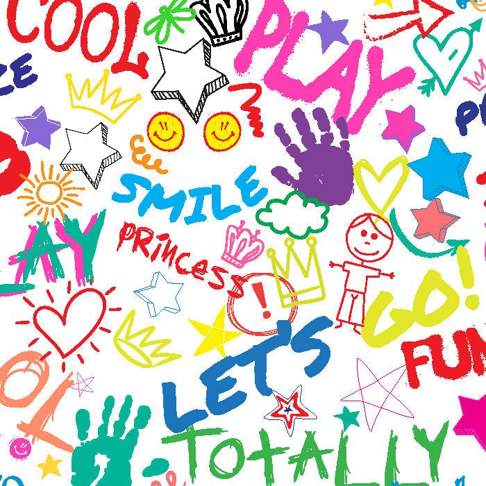 kids word play printed spandex fabric colorful doodle pattern white background for kids clothing