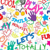 kids word play printed spandex fabric colorful doodle pattern white background for kids clothing